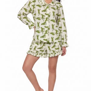 Sage Cheetah Ruffled Shortie Pajama Set – Cream & Olive Green