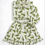 Sage Cheetah Ruffled Shortie Pajama Set – Cream & Olive Green