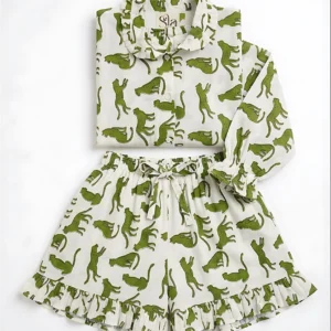 Sage Cheetah Ruffled Shortie Pajama Set – Cream & Olive Green