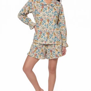 Jungle Oasis Ruffled Shortie Pajama Set – Botanical Leopard Print