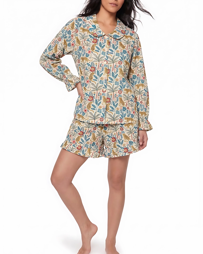 PJS-9b Jungle Oasis Ruffled Shortie Pajama Set – Botanical Leopard Print